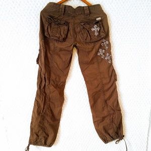 Miss Me Distressed Brown Cross Accent Cargo Pants